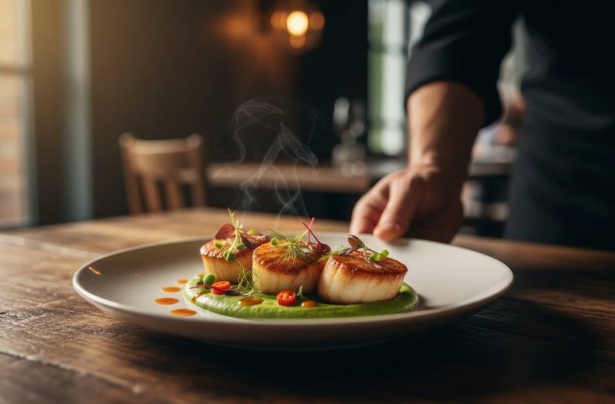 A close-up, dramatic shot showcasing a beautifully plated gourmet dish in a Cranbourne restaurant, bathed in warm, professional lighting, capturing the essence of professional food photography Cranbourne local restaurants desire.