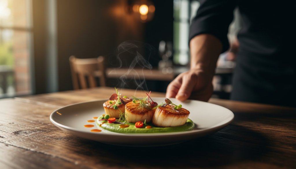 A close-up, dramatic shot showcasing a beautifully plated gourmet dish in a Cranbourne restaurant, bathed in warm, professional lighting, capturing the essence of professional food photography Cranbourne local restaurants desire.