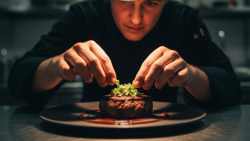 An intense close-up shot of a chef's hands expertly garnishing a vibrant, freshly prepared dish in a high-end Cranbourne North eatery kitchen, captured with professional food photography Cranbourne North eateries techniques and dramatic, cinematic lighting, highlighting the textures and colours.