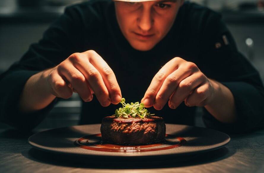 An intense close-up shot of a chef's hands expertly garnishing a vibrant, freshly prepared dish in a high-end Cranbourne North eatery kitchen, captured with professional food photography Cranbourne North eateries techniques and dramatic, cinematic lighting, highlighting the textures and colours.