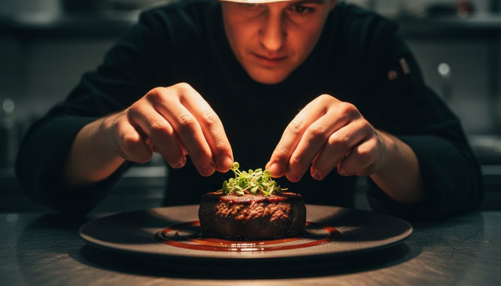 An intense close-up shot of a chef's hands expertly garnishing a vibrant, freshly prepared dish in a high-end Cranbourne North eatery kitchen, captured with professional food photography Cranbourne North eateries techniques and dramatic, cinematic lighting, highlighting the textures and colours.