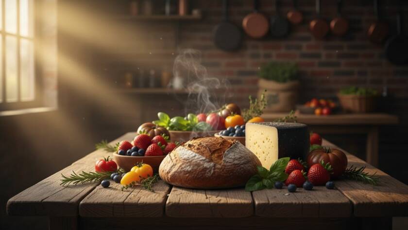 A stunning, overhead shot of a perfectly styled platter of farm-to-table produce, perhaps vibrant seasonal vegetables and artisan cheeses, bathed in warm, natural light filtering through a rustic barn window in Cranbourne South, showcasing exquisite textures and colours, embodying professional food photography Cranbourne South Victoria.