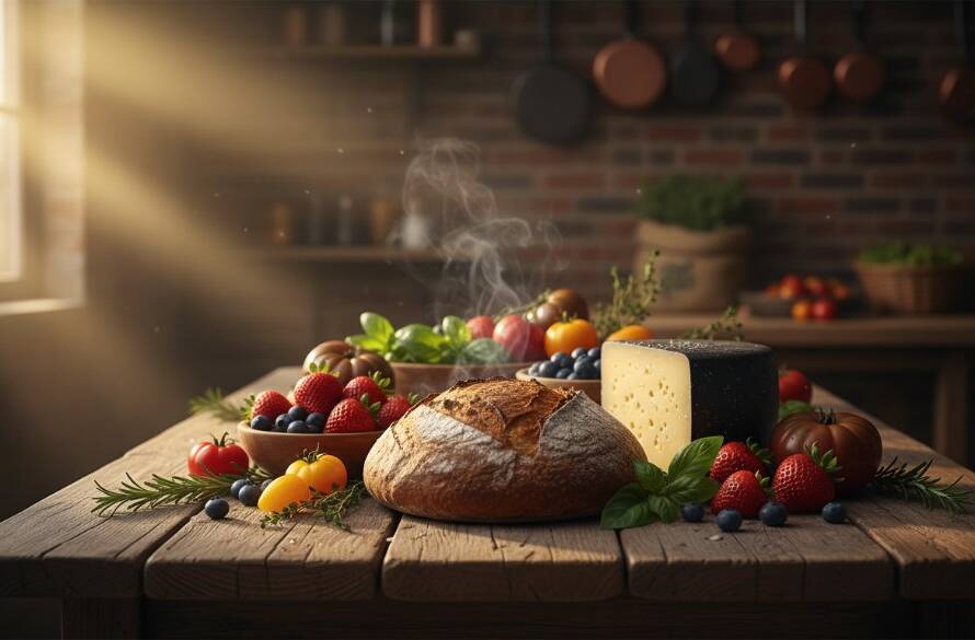 A stunning, overhead shot of a perfectly styled platter of farm-to-table produce, perhaps vibrant seasonal vegetables and artisan cheeses, bathed in warm, natural light filtering through a rustic barn window in Cranbourne South, showcasing exquisite textures and colours, embodying professional food photography Cranbourne South Victoria.