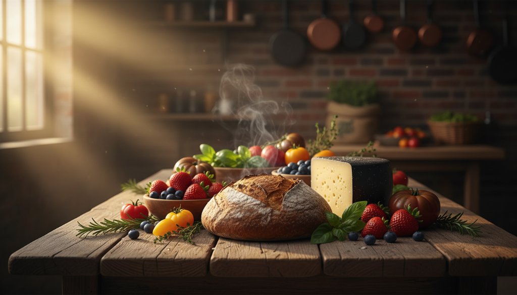 A stunning, overhead shot of a perfectly styled platter of farm-to-table produce, perhaps vibrant seasonal vegetables and artisan cheeses, bathed in warm, natural light filtering through a rustic barn window in Cranbourne South, showcasing exquisite textures and colours, embodying professional food photography Cranbourne South Victoria.