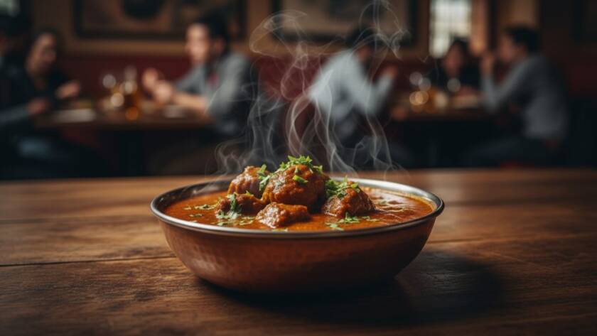 Professional food photography Dandenong capturing culinary excellence: A dramatically lit, close-up shot of a perfectly plated dish, perhaps a vibrant curry or a gourmet pie, set against a subtly blurred Dandenong market backdrop, showcasing rich textures and steam rising, creating an epic moment of culinary delight with professional colour grading.