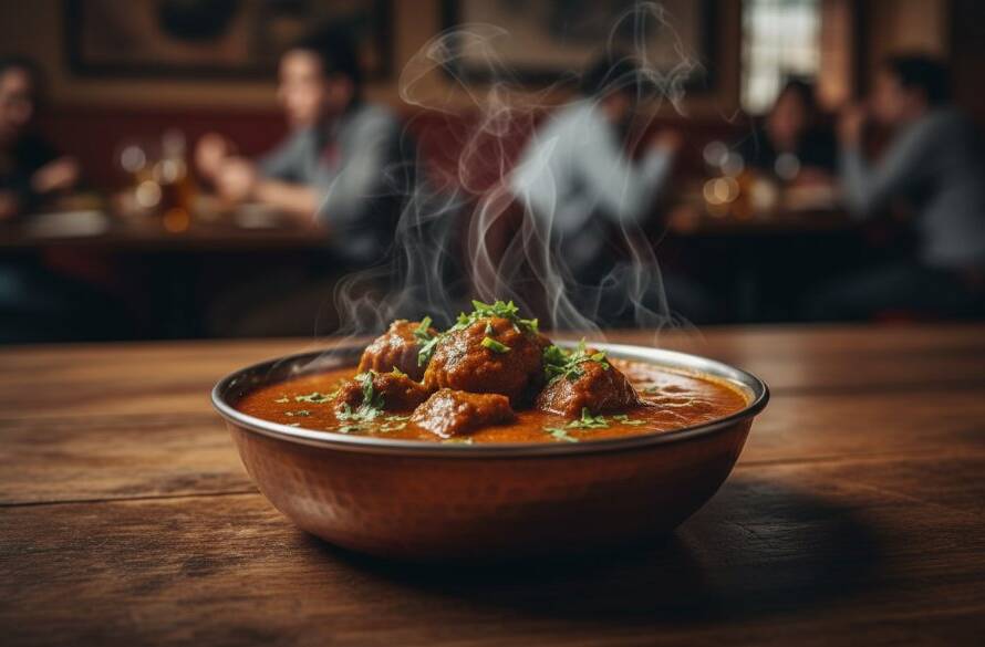 Professional food photography Dandenong capturing culinary excellence: A dramatically lit, close-up shot of a perfectly plated dish, perhaps a vibrant curry or a gourmet pie, set against a subtly blurred Dandenong market backdrop, showcasing rich textures and steam rising, creating an epic moment of culinary delight with professional colour grading.