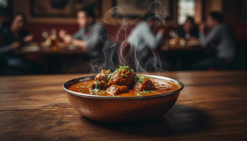 Professional food photography Dandenong capturing culinary excellence: A dramatically lit, close-up shot of a perfectly plated dish, perhaps a vibrant curry or a gourmet pie, set against a subtly blurred Dandenong market backdrop, showcasing rich textures and steam rising, creating an epic moment of culinary delight with professional colour grading.