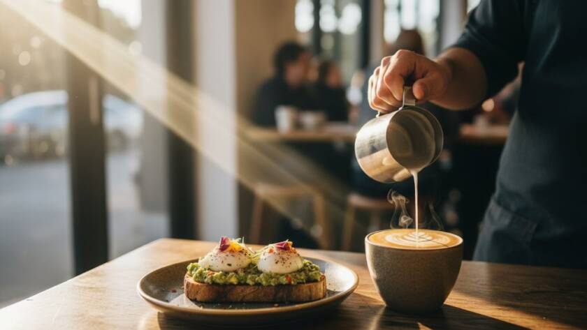 An overhead shot showcasing professional food photography Doncaster cafes, featuring a beautifully plated brunch spread on a rustic table in a sunlit cafe, with a barista's hands carefully pouring latte art, capturing an epic moment of culinary artistry and atmosphere.