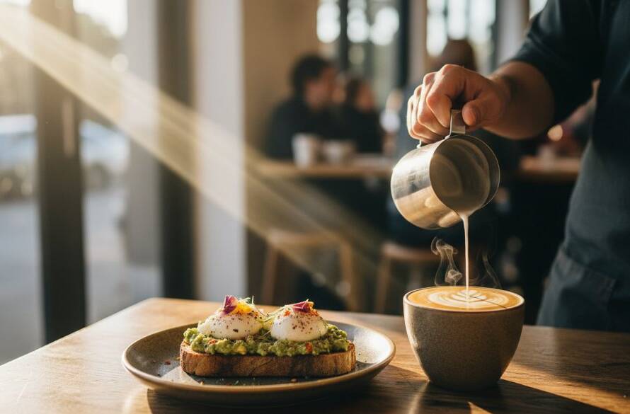 An overhead shot showcasing professional food photography Doncaster cafes, featuring a beautifully plated brunch spread on a rustic table in a sunlit cafe, with a barista's hands carefully pouring latte art, capturing an epic moment of culinary artistry and atmosphere.