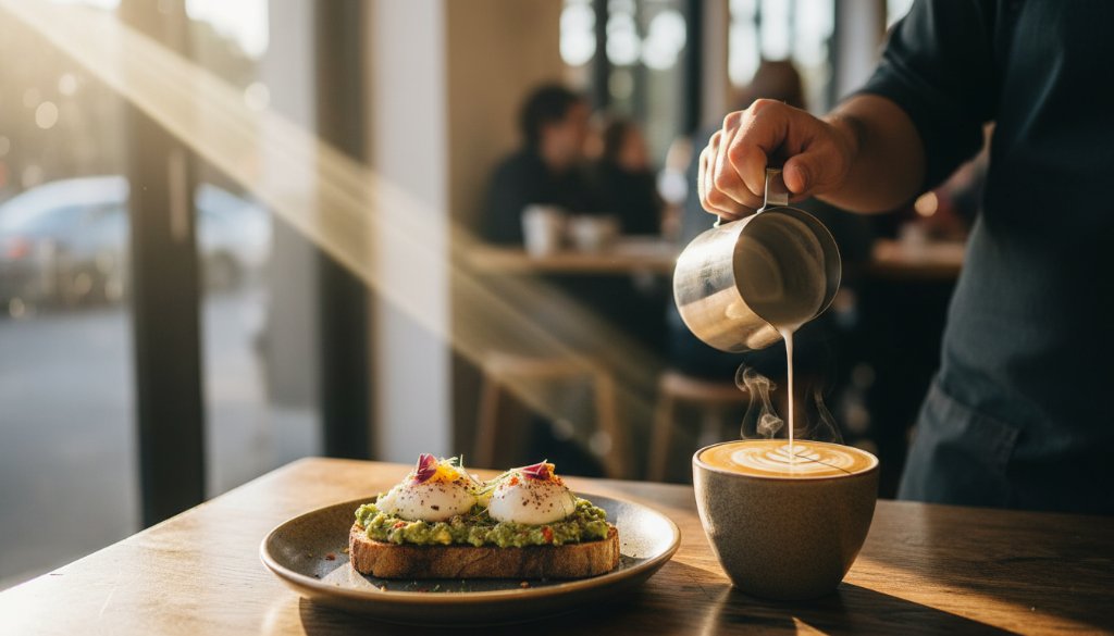 An overhead shot showcasing professional food photography Doncaster cafes, featuring a beautifully plated brunch spread on a rustic table in a sunlit cafe, with a barista's hands carefully pouring latte art, capturing an epic moment of culinary artistry and atmosphere.