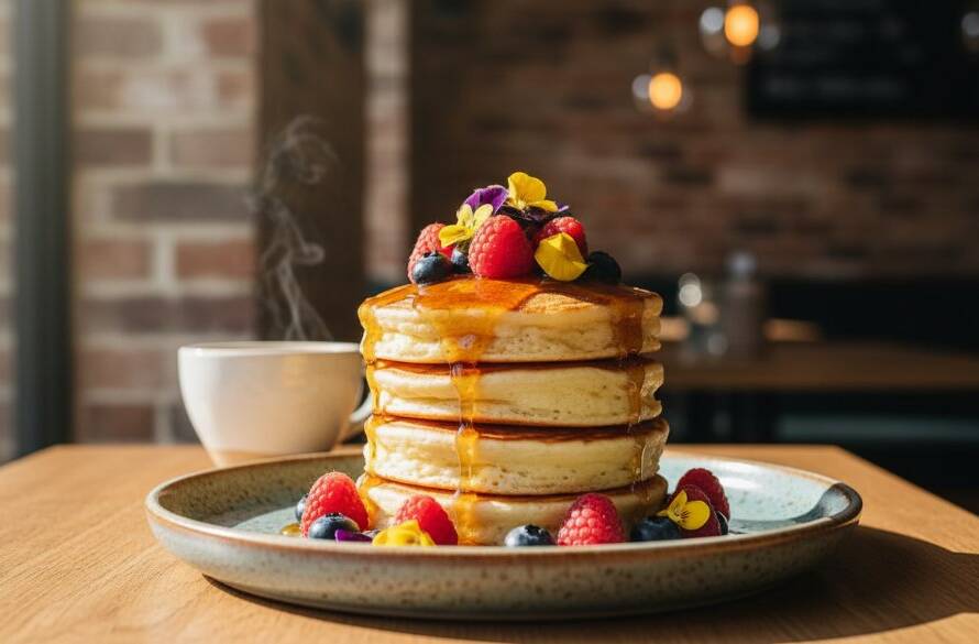 A close-up, dramatic shot of a freshly brewed artisanal coffee being poured into a unique ceramic cup on a rustic wooden table in a bustling Mitcham cafe, highlighting the steam and rich crema, captured with professional food photography Mitcham cafes expertise.