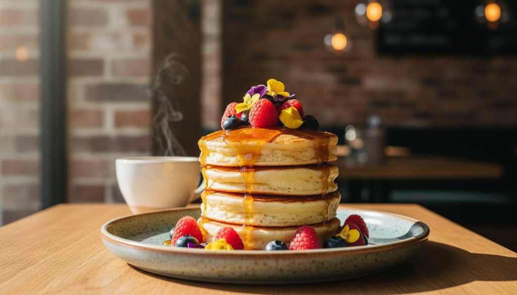 A close-up, dramatic shot of a freshly brewed artisanal coffee being poured into a unique ceramic cup on a rustic wooden table in a bustling Mitcham cafe, highlighting the steam and rich crema, captured with professional food photography Mitcham cafes expertise.
