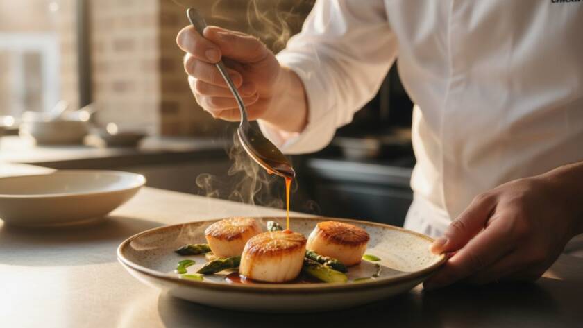 Dramatic, high-angle professional food photography of a chef's hands delicately plating a vibrant, artfully arranged gourmet dish with edible flowers and a rich sauce, under focused, warm studio lighting in a contemporary Mont Albert North eatery, capturing the epic moment of culinary creation.