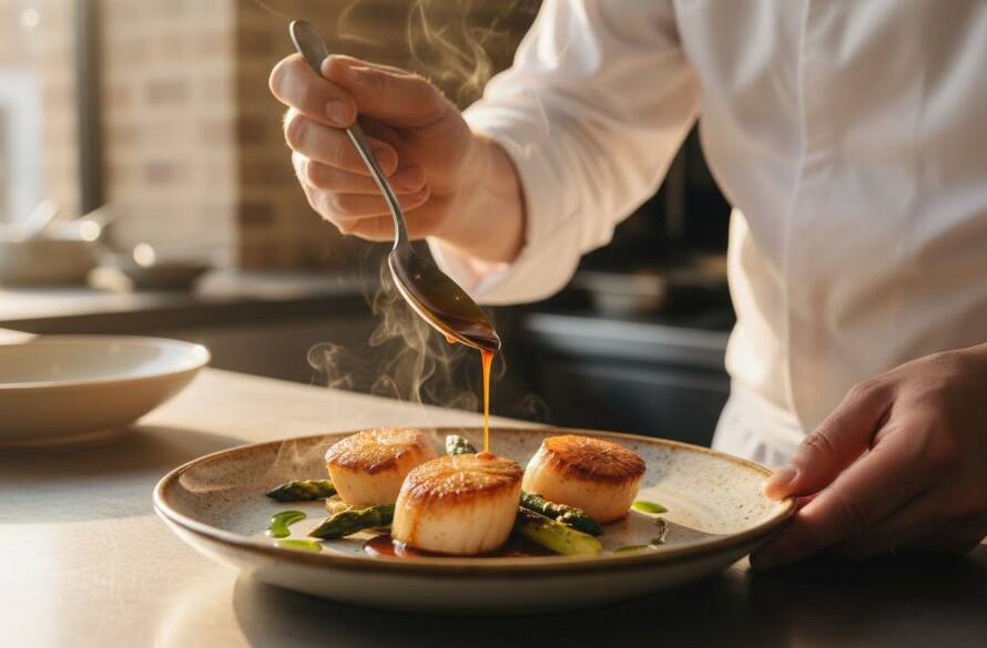 Dramatic, high-angle professional food photography of a chef's hands delicately plating a vibrant, artfully arranged gourmet dish with edible flowers and a rich sauce, under focused, warm studio lighting in a contemporary Mont Albert North eatery, capturing the epic moment of culinary creation.