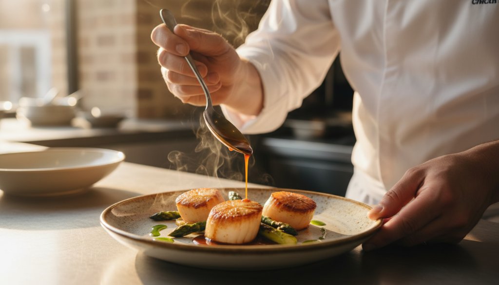 Dramatic, high-angle professional food photography of a chef's hands delicately plating a vibrant, artfully arranged gourmet dish with edible flowers and a rich sauce, under focused, warm studio lighting in a contemporary Mont Albert North eatery, capturing the epic moment of culinary creation.