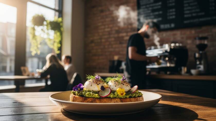 An expertly styled flat lay of vibrant, freshly prepared dishes from a Nunawading cafe, dramatically lit with soft, golden light, highlighting textures and colours, captured with professional food photography Nunawading cafes and restaurants expertise, ready to entice diners.
