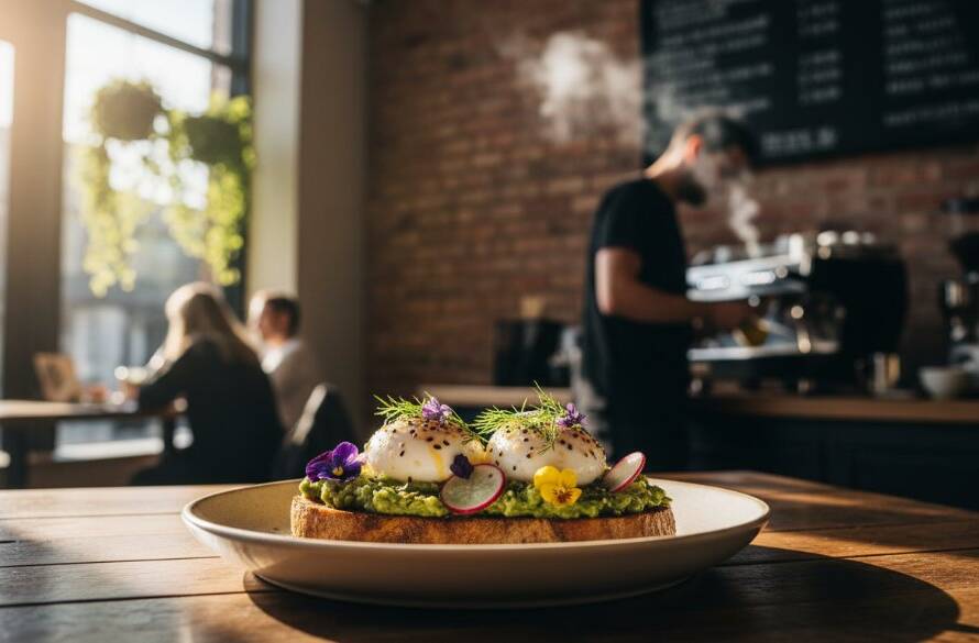 An expertly styled flat lay of vibrant, freshly prepared dishes from a Nunawading cafe, dramatically lit with soft, golden light, highlighting textures and colours, captured with professional food photography Nunawading cafes and restaurants expertise, ready to entice diners.