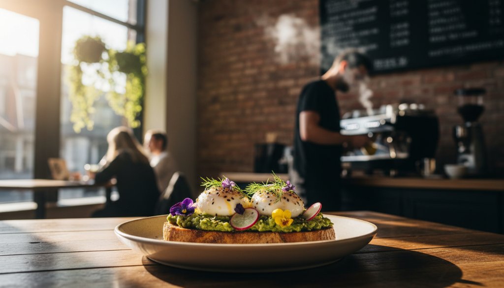 An expertly styled flat lay of vibrant, freshly prepared dishes from a Nunawading cafe, dramatically lit with soft, golden light, highlighting textures and colours, captured with professional food photography Nunawading cafes and restaurants expertise, ready to entice diners.