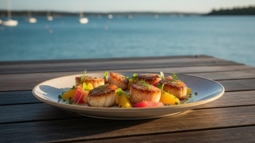 An epic moment captured in professional food photography for Rippleside menus, showcasing a beautifully plated gourmet dish under dramatic, golden hour lighting, with a shimmering Corio Bay backdrop and vibrant culinary colours.