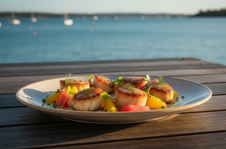 An epic moment captured in professional food photography for Rippleside menus, showcasing a beautifully plated gourmet dish under dramatic, golden hour lighting, with a shimmering Corio Bay backdrop and vibrant culinary colours.