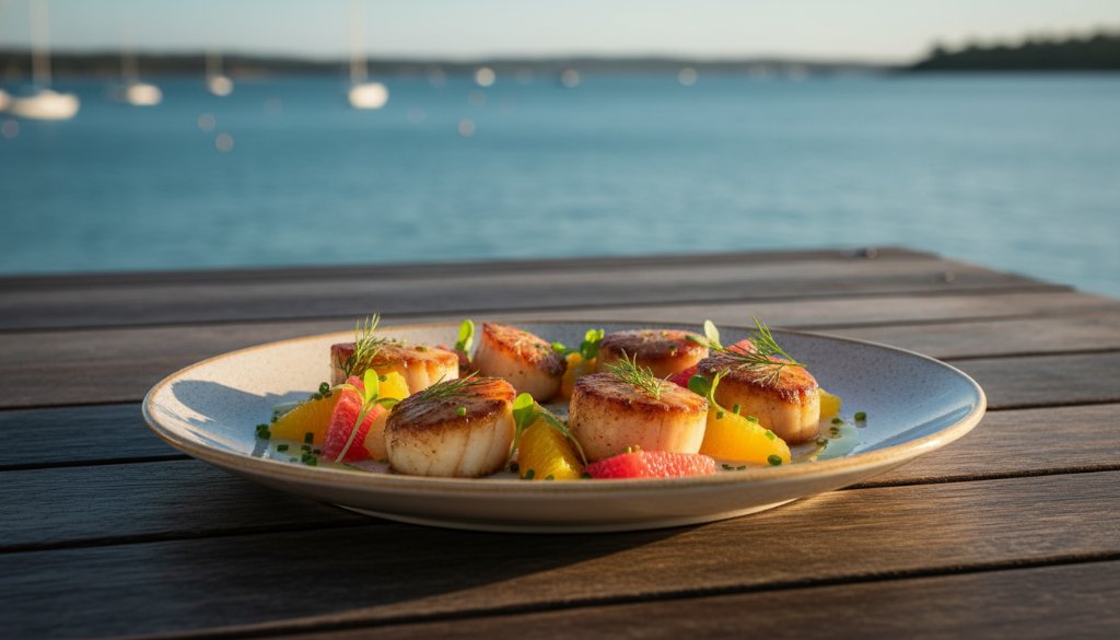 An epic moment captured in professional food photography for Rippleside menus, showcasing a beautifully plated gourmet dish under dramatic, golden hour lighting, with a shimmering Corio Bay backdrop and vibrant culinary colours.