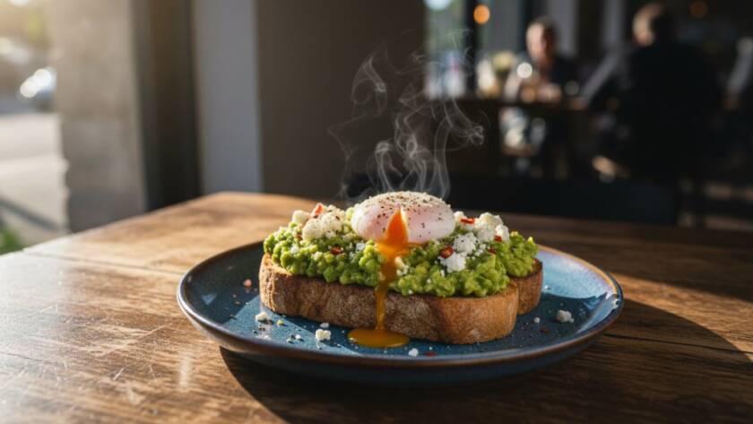 A vibrant, professionally styled shot of a gourmet brunch plate with avocado toast and a poached egg, dramatically lit on a rustic wooden table in a bustling Rowville cafe, captured by professional food photography Rowville cafes, with warm morning light streaming through.