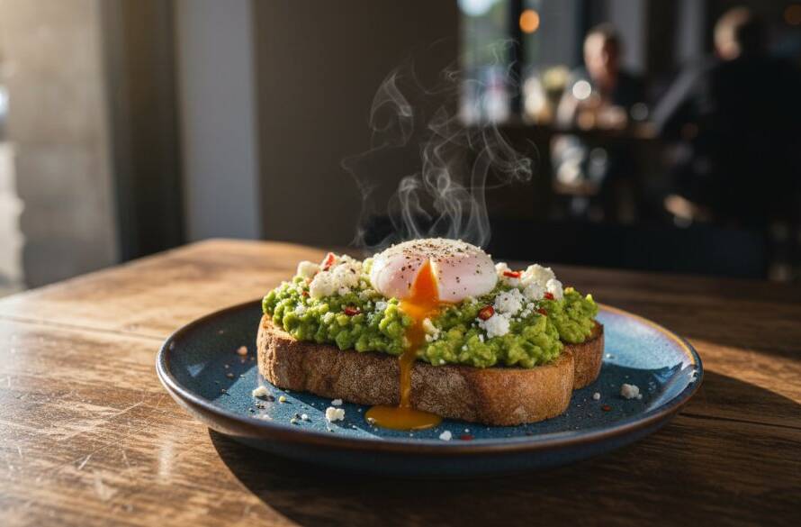 A vibrant, professionally styled shot of a gourmet brunch plate with avocado toast and a poached egg, dramatically lit on a rustic wooden table in a bustling Rowville cafe, captured by professional food photography Rowville cafes, with warm morning light streaming through.