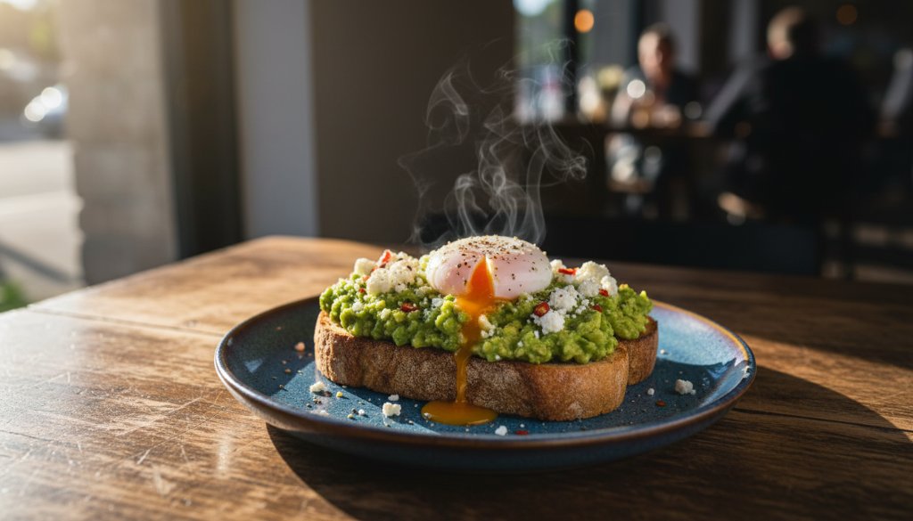 A vibrant, professionally styled shot of a gourmet brunch plate with avocado toast and a poached egg, dramatically lit on a rustic wooden table in a bustling Rowville cafe, captured by professional food photography Rowville cafes, with warm morning light streaming through.