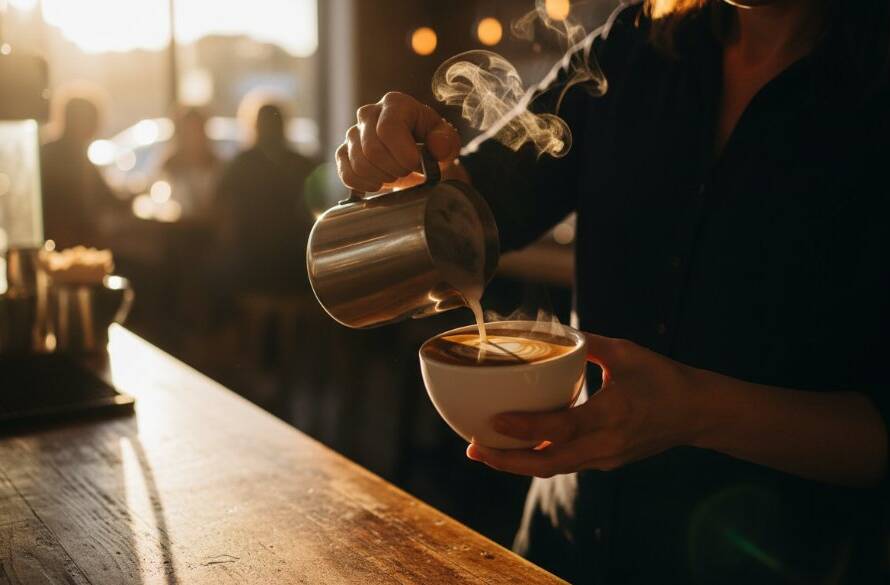 A close-up, dramatic shot showcasing a beautifully styled gourmet burger and artisanal coffee on a rustic wooden table, with warm sunlight streaming through a window in a bustling Sunshine West cafe, highlighting professional food photography Sunshine West cafes' capabilities.