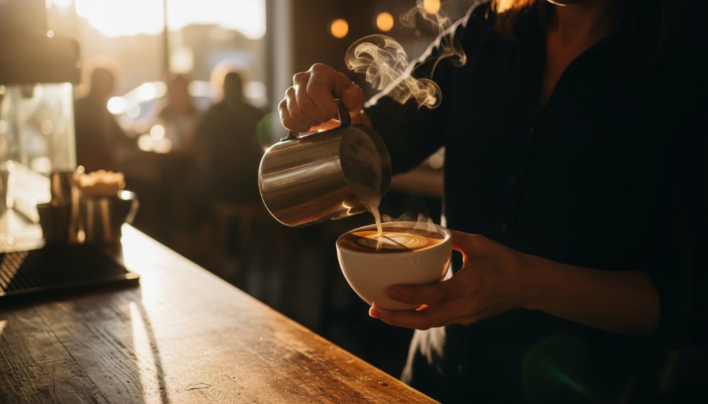 A close-up, dramatic shot showcasing a beautifully styled gourmet burger and artisanal coffee on a rustic wooden table, with warm sunlight streaming through a window in a bustling Sunshine West cafe, highlighting professional food photography Sunshine West cafes' capabilities.