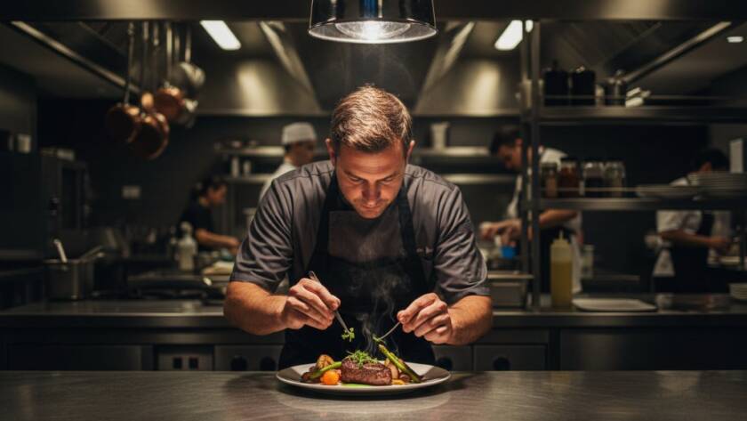 A vibrant, professionally color-graded wide-angle shot showcasing a chef meticulously plating a gourmet dish in a bustling Templestowe restaurant kitchen, bathed in dramatic overhead lighting, capturing the intense focus and artistic presentation, with the dynamic energy of professional food photography Templestowe restaurants.
