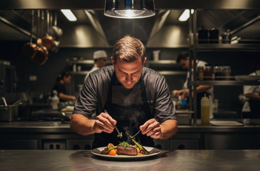 A vibrant, professionally color-graded wide-angle shot showcasing a chef meticulously plating a gourmet dish in a bustling Templestowe restaurant kitchen, bathed in dramatic overhead lighting, capturing the intense focus and artistic presentation, with the dynamic energy of professional food photography Templestowe restaurants.