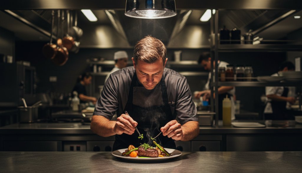 A vibrant, professionally color-graded wide-angle shot showcasing a chef meticulously plating a gourmet dish in a bustling Templestowe restaurant kitchen, bathed in dramatic overhead lighting, capturing the intense focus and artistic presentation, with the dynamic energy of professional food photography Templestowe restaurants.