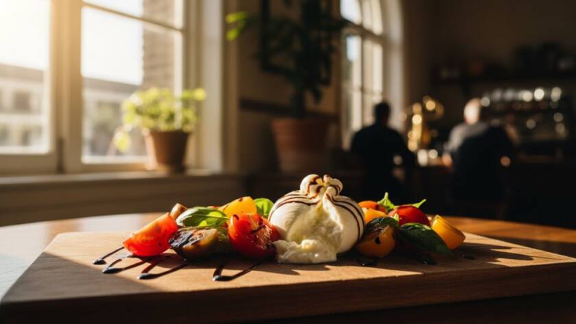 An exquisitely plated brunch dish, professionally photographed with golden morning light streaming into a Williamstown cafe, highlighting the delicate textures and vibrant colours, perfect for professional food photography Williamstown Melbourne cafes.