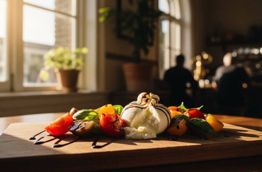 An exquisitely plated brunch dish, professionally photographed with golden morning light streaming into a Williamstown cafe, highlighting the delicate textures and vibrant colours, perfect for professional food photography Williamstown Melbourne cafes.