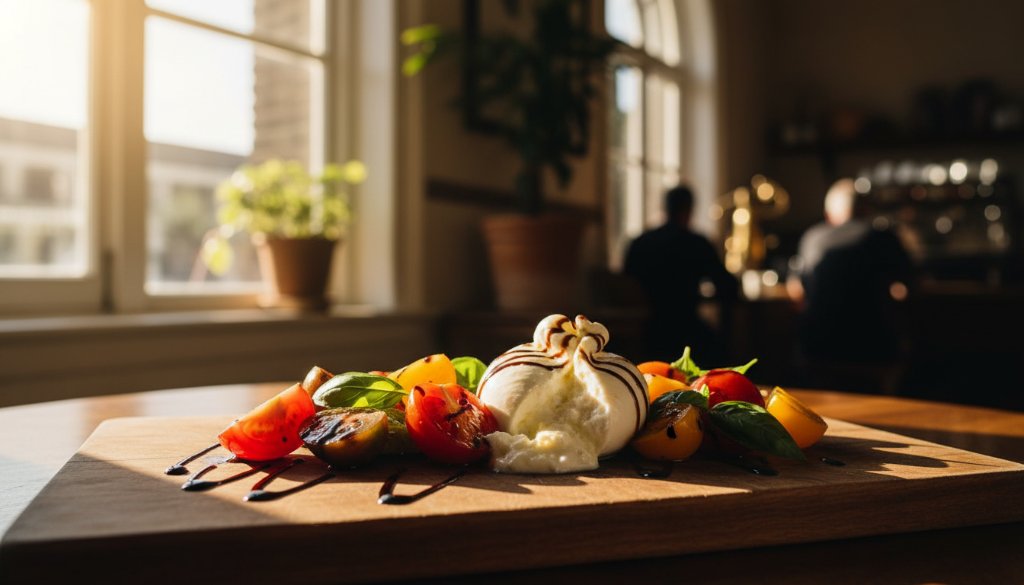 An exquisitely plated brunch dish, professionally photographed with golden morning light streaming into a Williamstown cafe, highlighting the delicate textures and vibrant colours, perfect for professional food photography Williamstown Melbourne cafes.