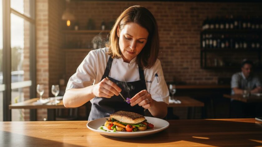 Close-up of a chef expertly drizzling a vibrant sauce onto a beautifully plated dish in a warm, rustic Wodonga restaurant kitchen, showcasing the artistry of professional food photography Wodonga businesses can leverage, dramatic side lighting.