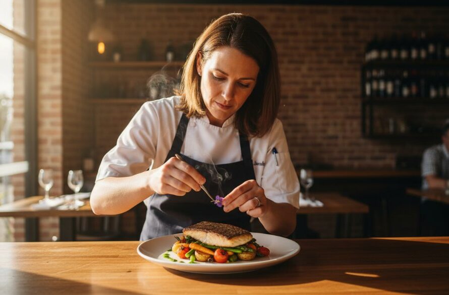 Close-up of a chef expertly drizzling a vibrant sauce onto a beautifully plated dish in a warm, rustic Wodonga restaurant kitchen, showcasing the artistry of professional food photography Wodonga businesses can leverage, dramatic side lighting.