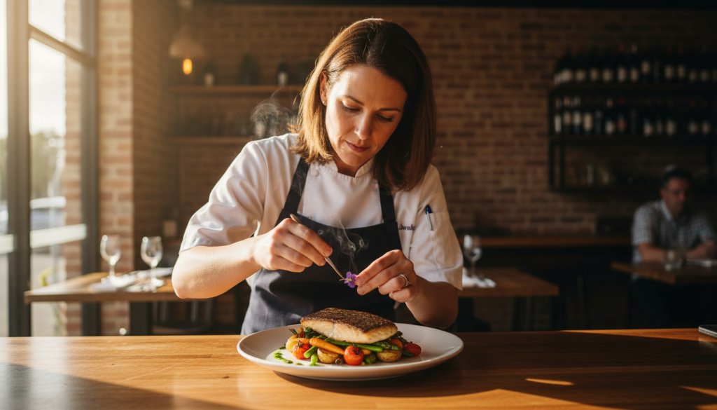 Close-up of a chef expertly drizzling a vibrant sauce onto a beautifully plated dish in a warm, rustic Wodonga restaurant kitchen, showcasing the artistry of professional food photography Wodonga businesses can leverage, dramatic side lighting.