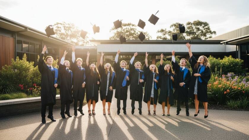 An epic moment of joyful students celebrating graduation in Forest Hill, Victoria, captured by professional Forest Hill school photography memories specialists. Dramatic natural light highlights their beaming faces and graduation caps thrown in the air against a backdrop of a modern school building with lush Australian greenery.
