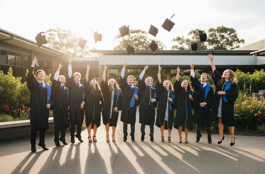 An epic moment of joyful students celebrating graduation in Forest Hill, Victoria, captured by professional Forest Hill school photography memories specialists. Dramatic natural light highlights their beaming faces and graduation caps thrown in the air against a backdrop of a modern school building with lush Australian greenery.