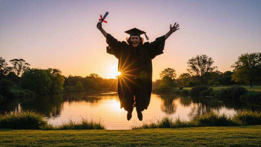 An epic moment captured in professional graduation photography Bulleen, showing a triumphant graduate in their cap and gown, framed by the lush greenery near the Yarra River, with dramatic golden hour lighting highlighting their joyful expression and diploma in hand.
