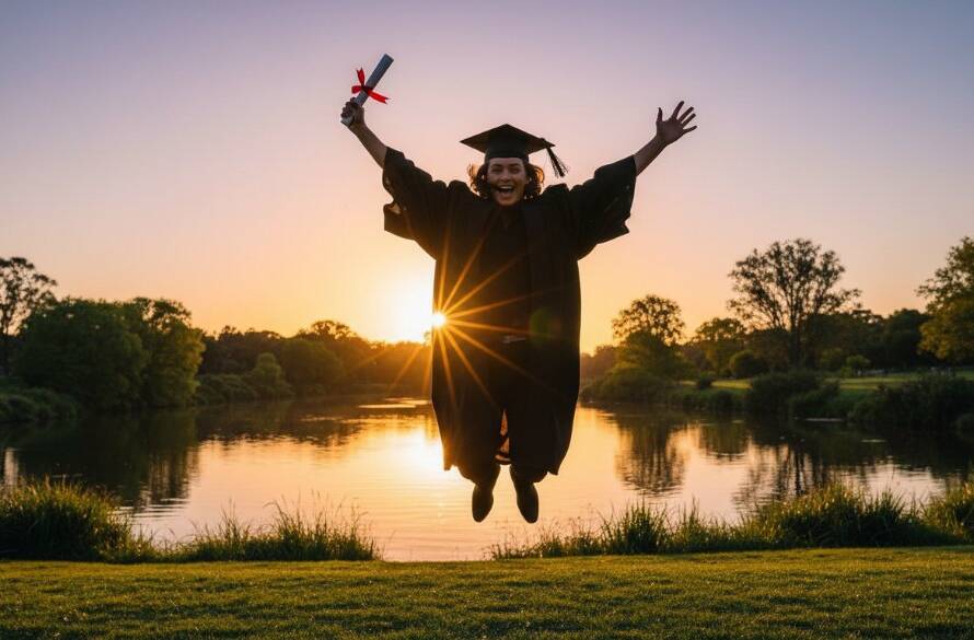 An epic moment captured in professional graduation photography Bulleen, showing a triumphant graduate in their cap and gown, framed by the lush greenery near the Yarra River, with dramatic golden hour lighting highlighting their joyful expression and diploma in hand.