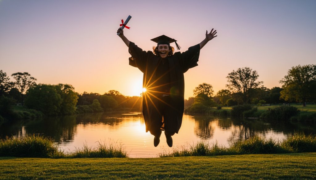 An epic moment captured in professional graduation photography Bulleen, showing a triumphant graduate in their cap and gown, framed by the lush greenery near the Yarra River, with dramatic golden hour lighting highlighting their joyful expression and diploma in hand.