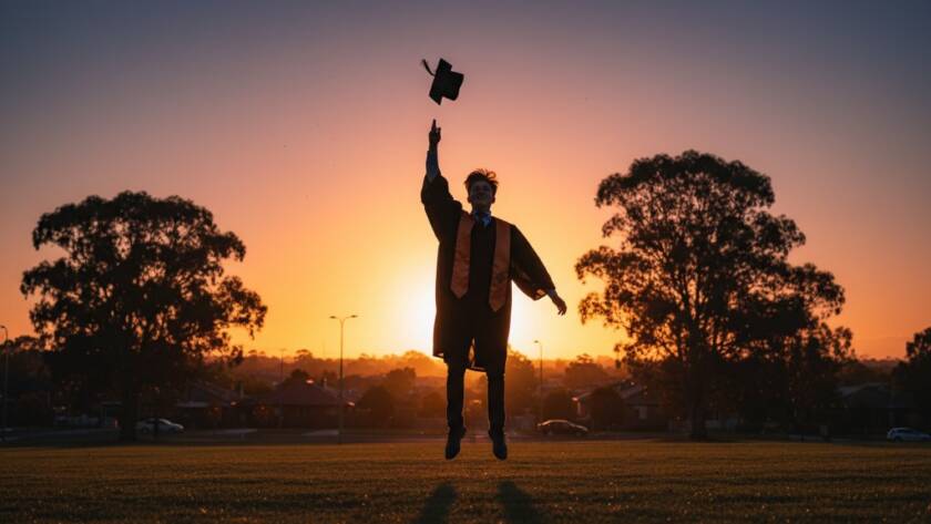 An epic, emotionally resonant photograph capturing a proud graduate from Croydon South, Victoria, in their cap and gown, joyfully tossing their mortarboard against a dramatic sunset sky over the local landscape, symbolizing their achievement through professional graduation photography Croydon South Victoria.