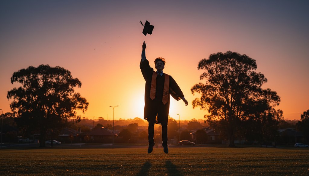 An epic, emotionally resonant photograph capturing a proud graduate from Croydon South, Victoria, in their cap and gown, joyfully tossing their mortarboard against a dramatic sunset sky over the local landscape, symbolizing their achievement through professional graduation photography Croydon South Victoria.