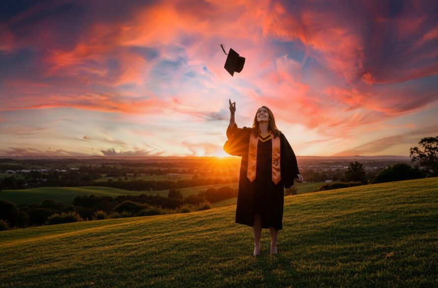 A joyous graduate in a cap and gown, framed by the vibrant Drouin Botanic Park, tossing their mortarboard high against a dramatic sunset, capturing their professional graduation photography Drouin Victoria epic moment.