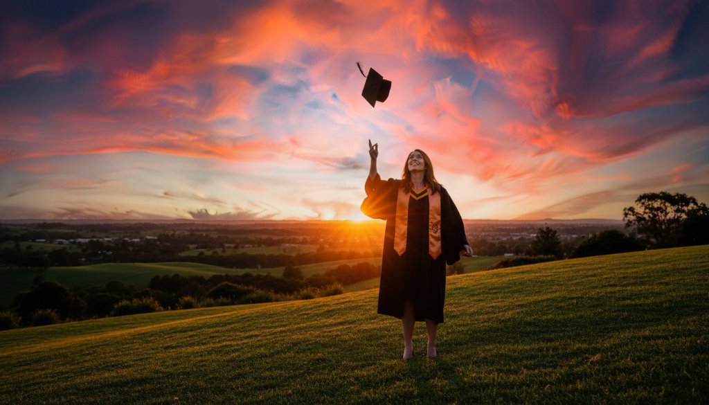 A joyous graduate in a cap and gown, framed by the vibrant Drouin Botanic Park, tossing their mortarboard high against a dramatic sunset, capturing their professional graduation photography Drouin Victoria epic moment.