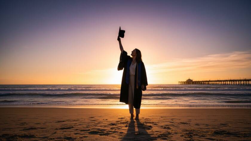 A joyful graduate in a flowing gown, mortarboard thrown high, silhouetted against a dramatic sunset at Mentone Beach, Melbourne, symbolizing triumph and the future in professional graduation photography.
