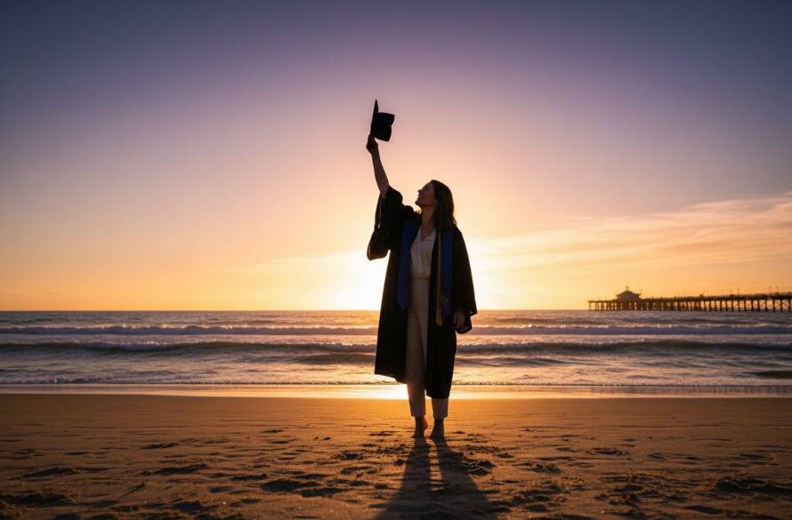 A joyful graduate in a flowing gown, mortarboard thrown high, silhouetted against a dramatic sunset at Mentone Beach, Melbourne, symbolizing triumph and the future in professional graduation photography.